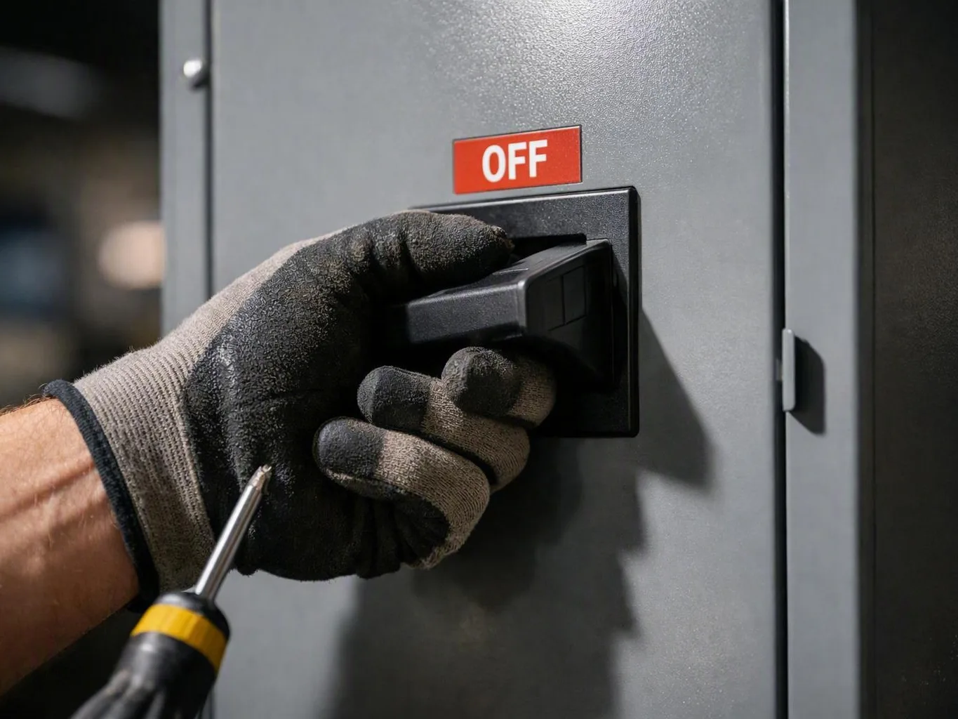 Gloved hand switching off a gray electrical panel beside a screwdriver