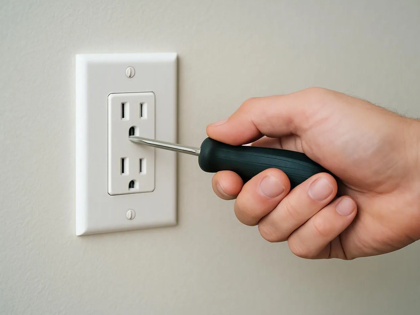 Hand tightens a white electrical outlet plate with a screwdriver