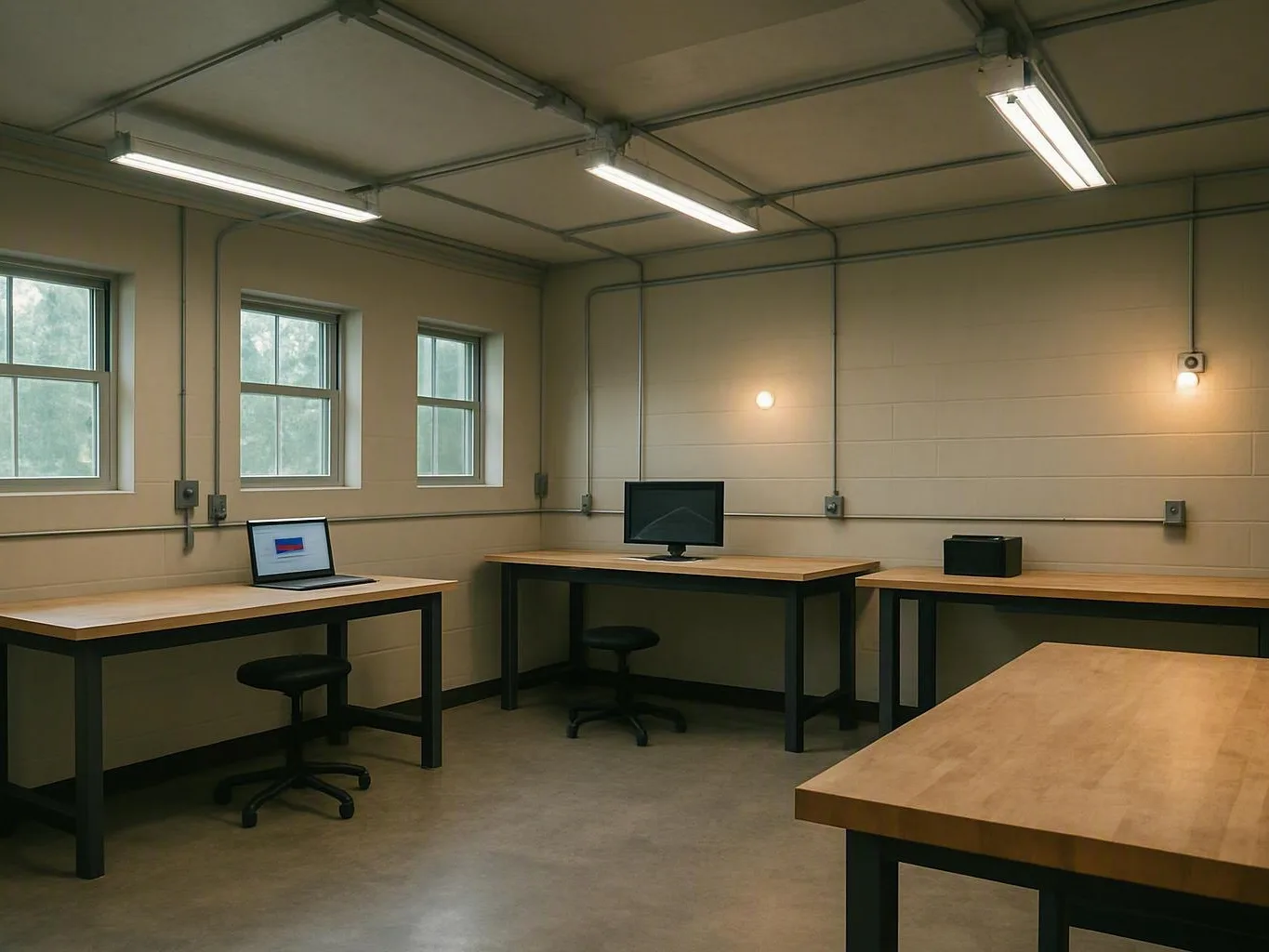 Empty electrical testing workspace with desks, stools, computer equipment, and