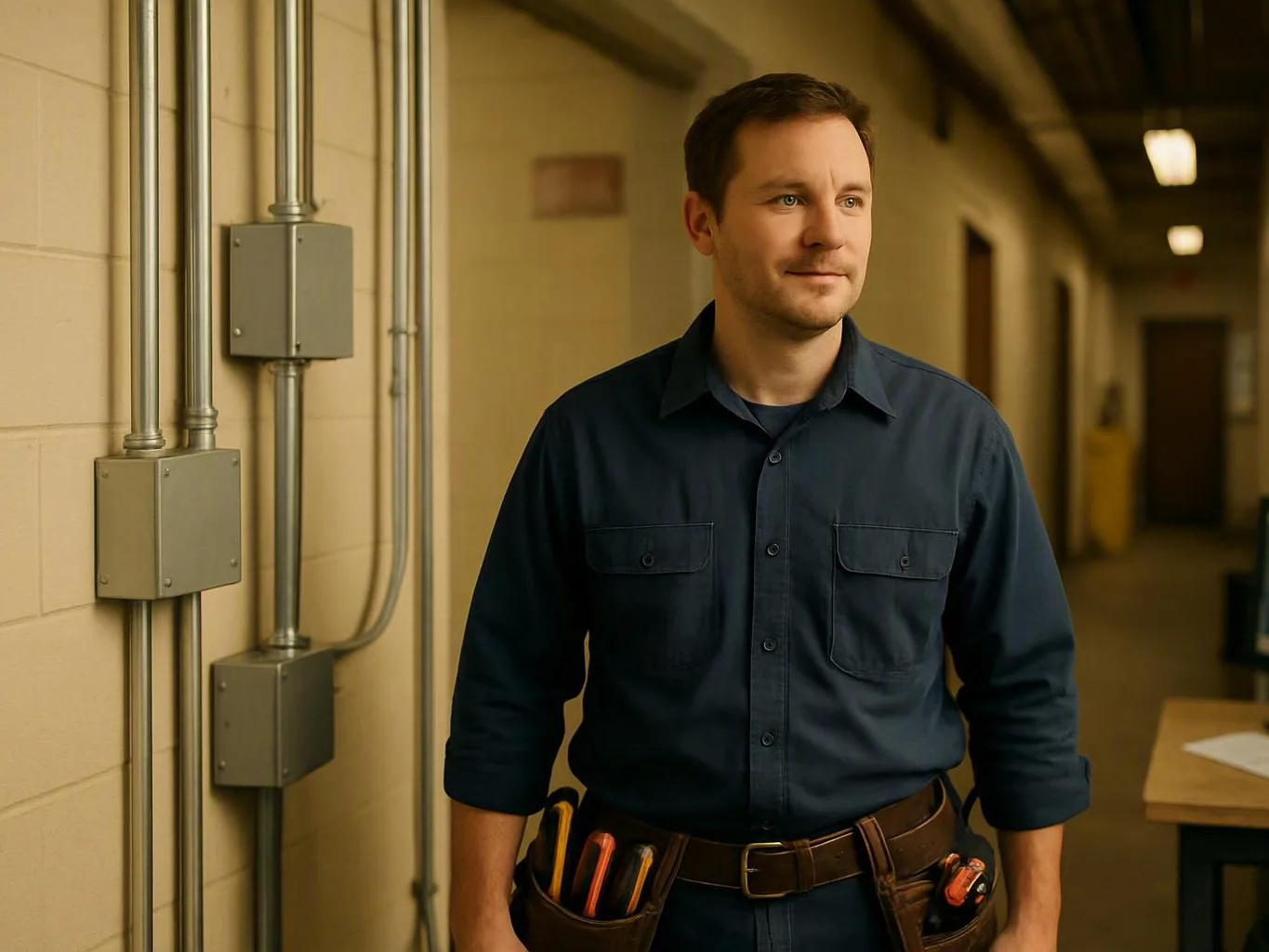 Electrician standing in a hallway beside metal conduit and electrical boxes — What Method Do Electricians Use to Find the...