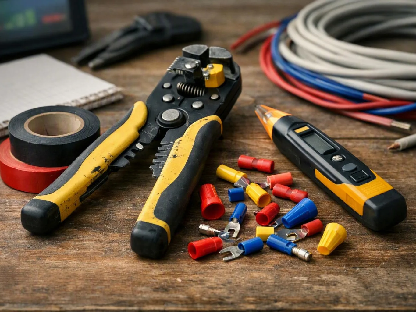 Wire strippers, voltage tester, colorful connectors, tape, and cables on a — What Method Do Electricians Use to Find the F...