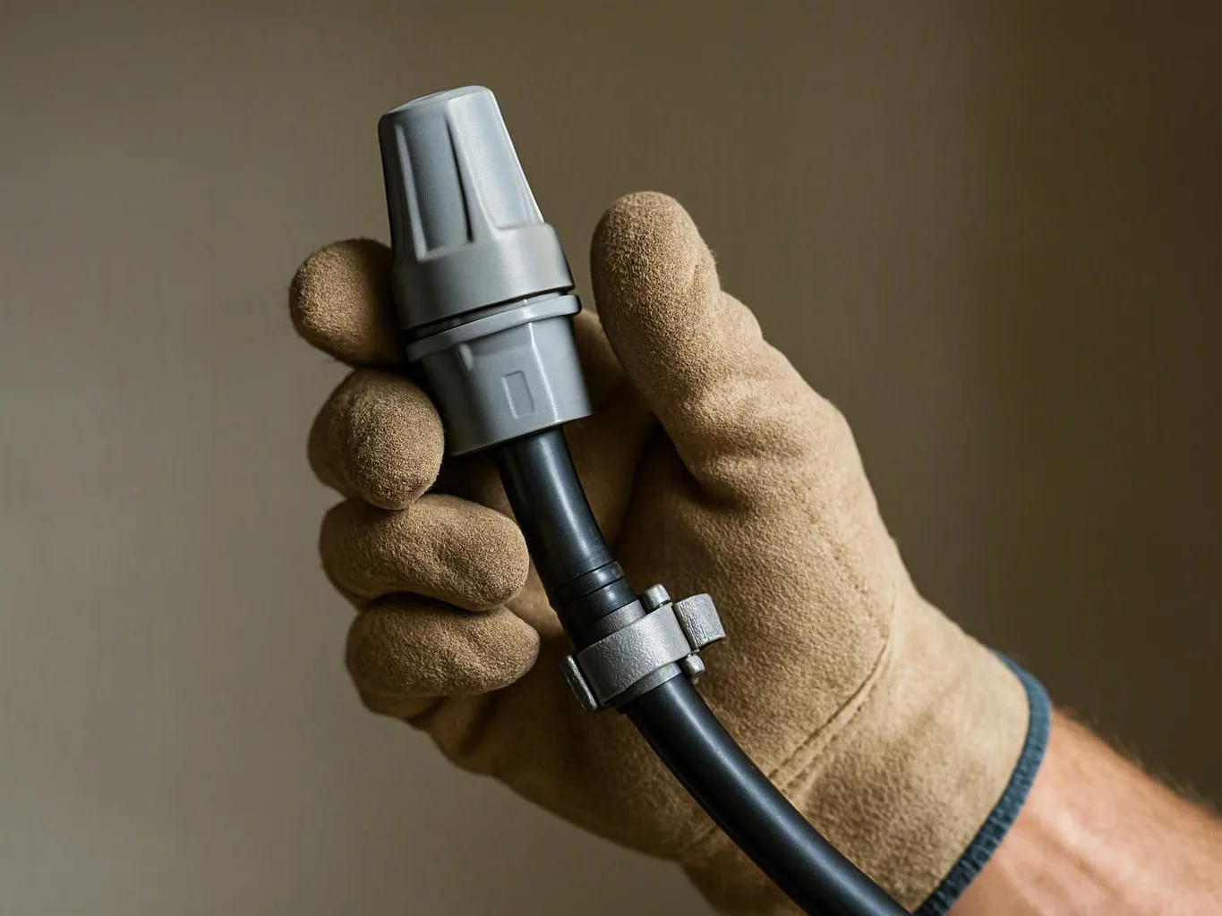 Gloved hand holding a black cable with a gray connector against a brown
