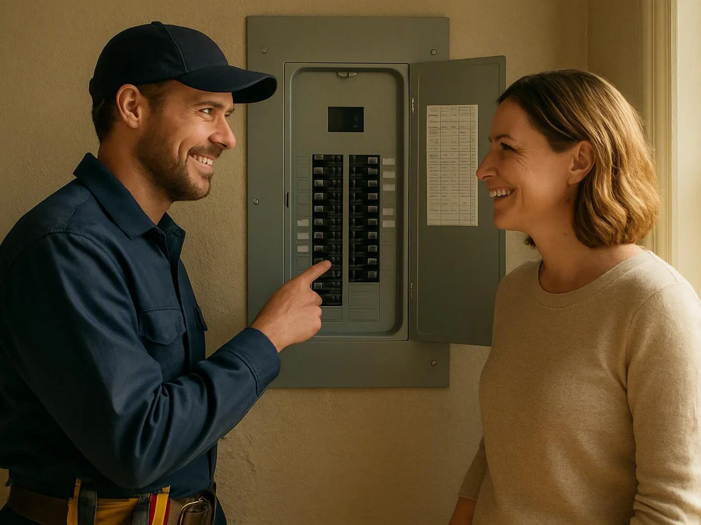 Smiling electrician discusses an open breaker panel with a homeowner in a