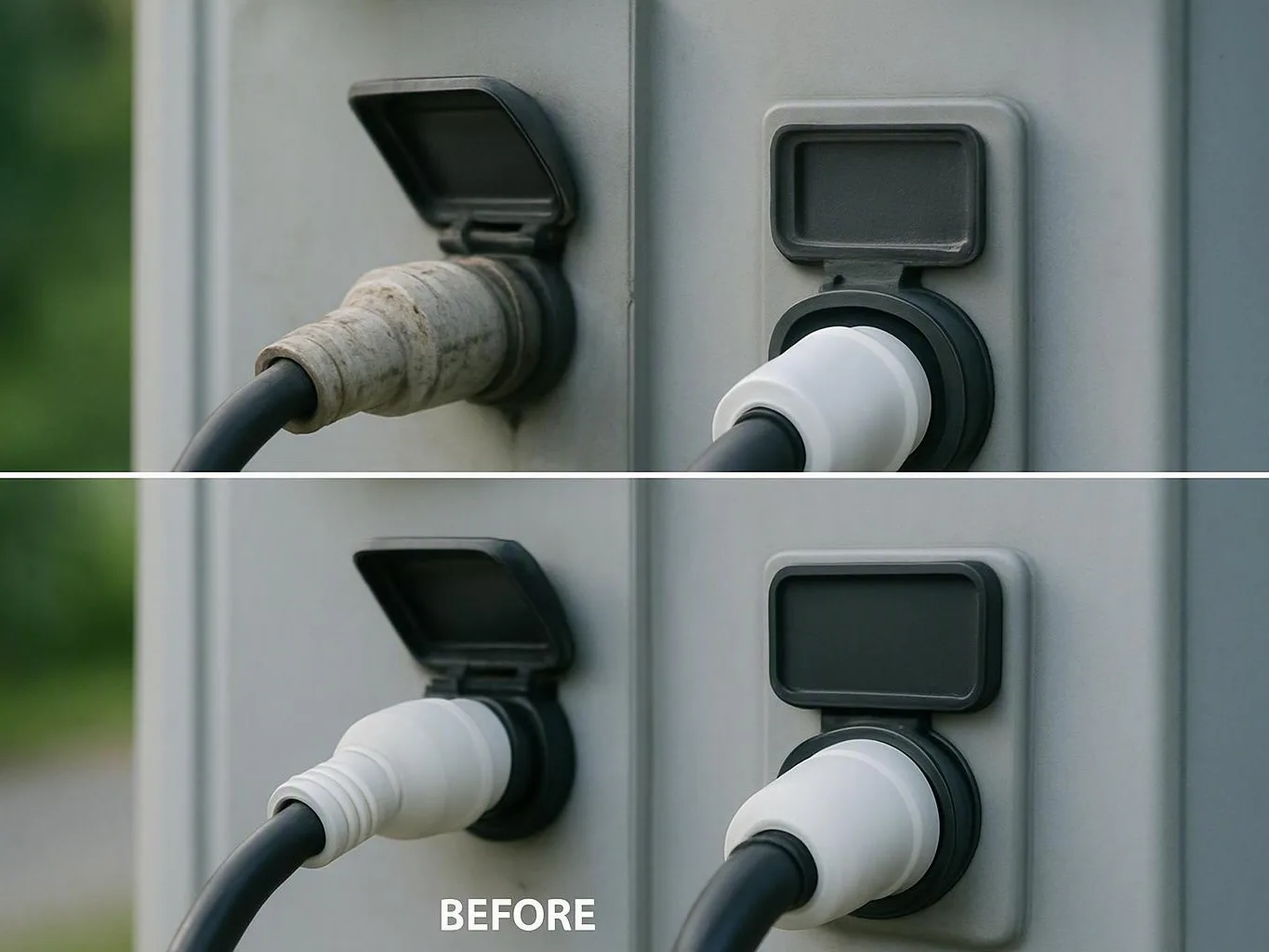 Comparison panels show a worn power connector replaced with a clean white