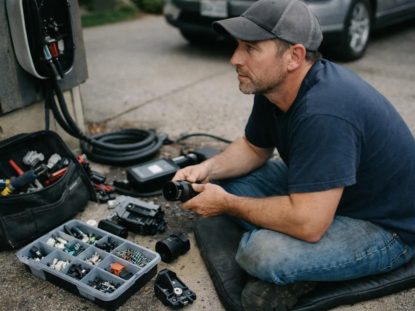 Man inspecting electrical tools and cables beside an outdoor utility box