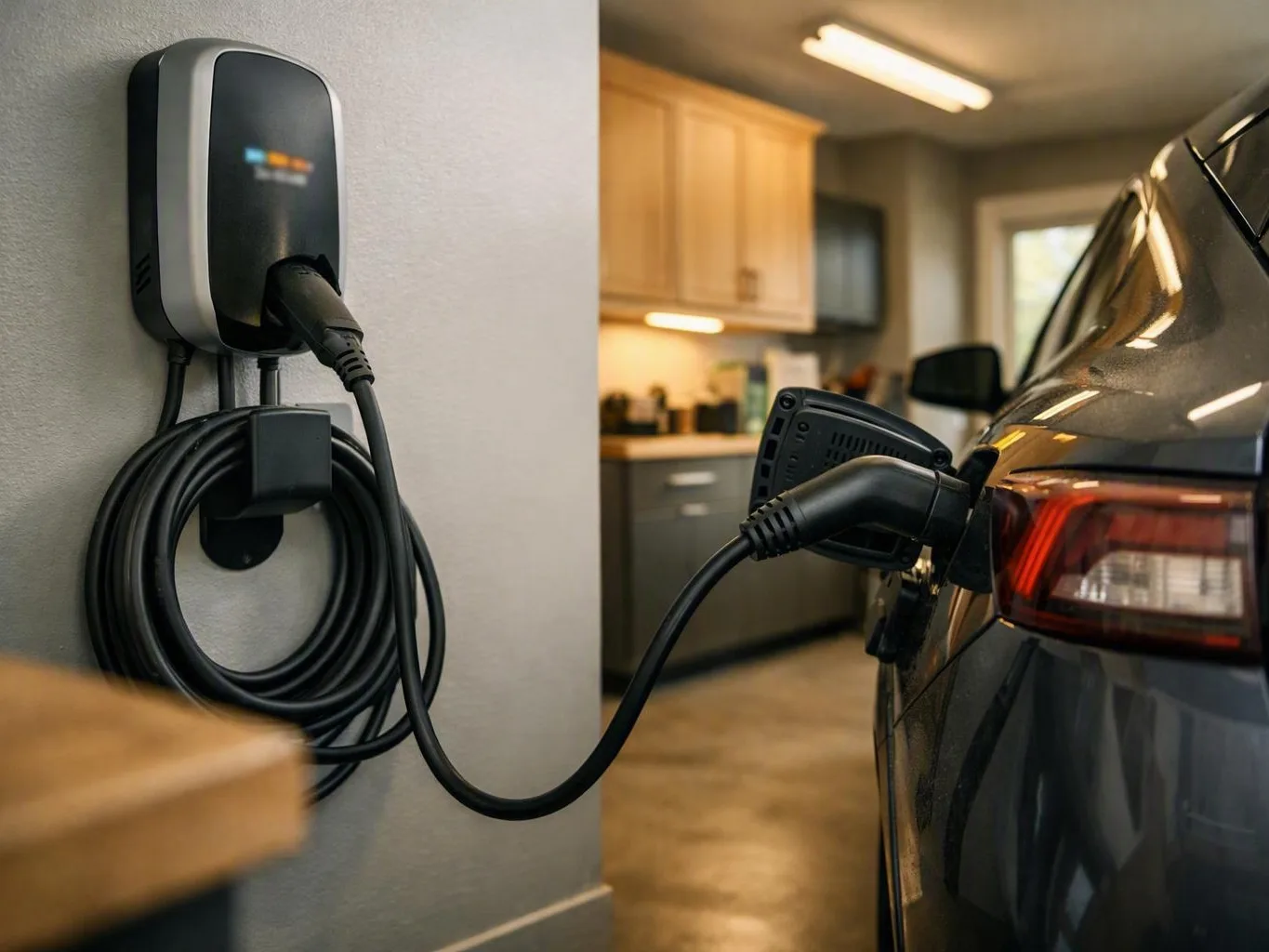 Electric vehicle charging from a wall-mounted charger inside a home garage