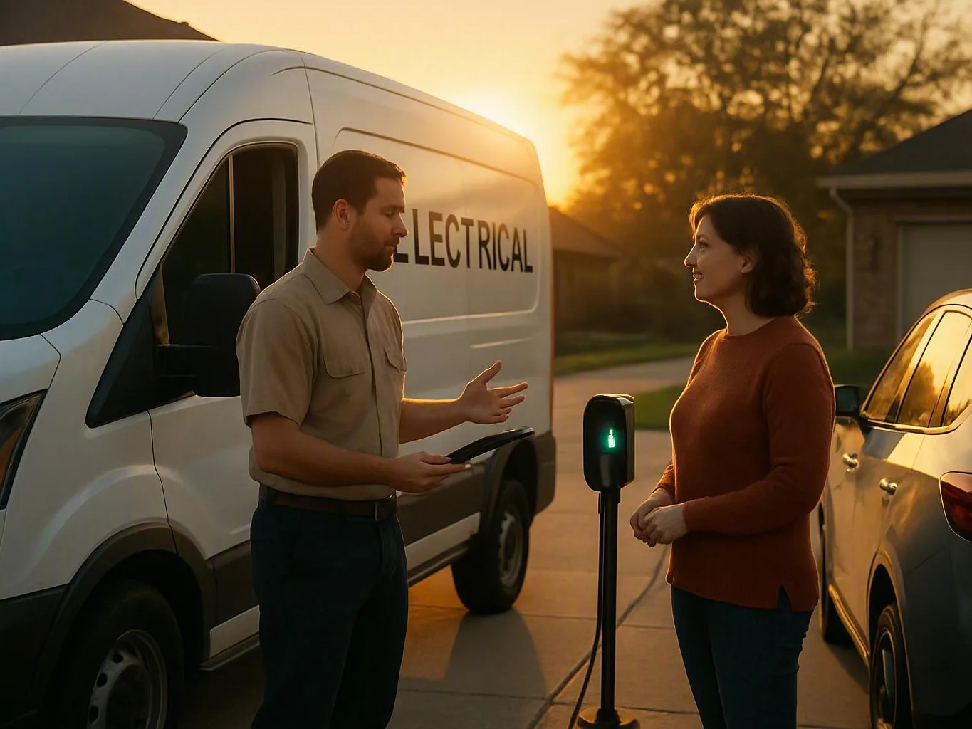 Electrician speaking with a woman beside a glowing driveway charging station at