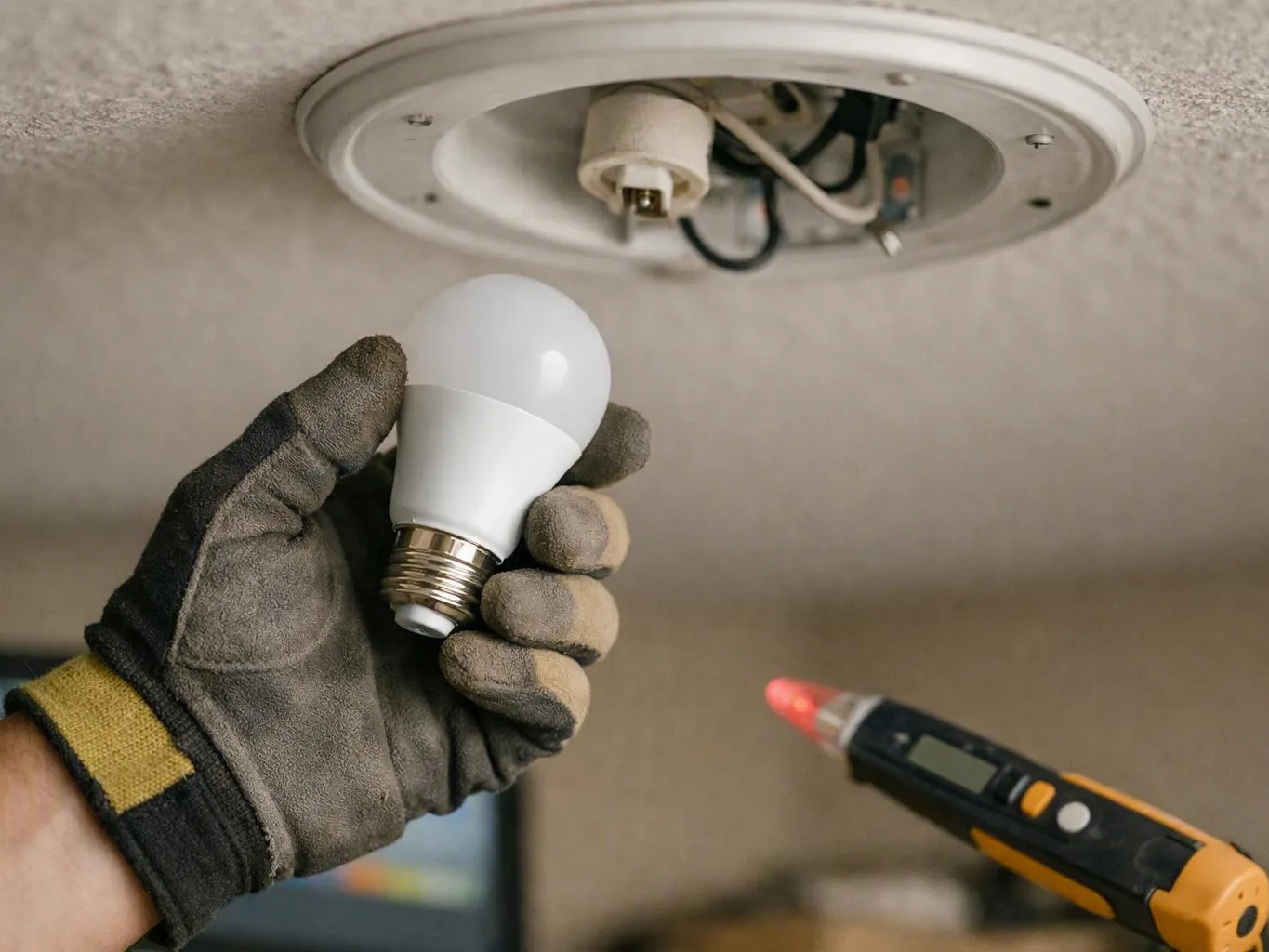 Gloved hand holds a light bulb beneath an open ceiling fixture during testing