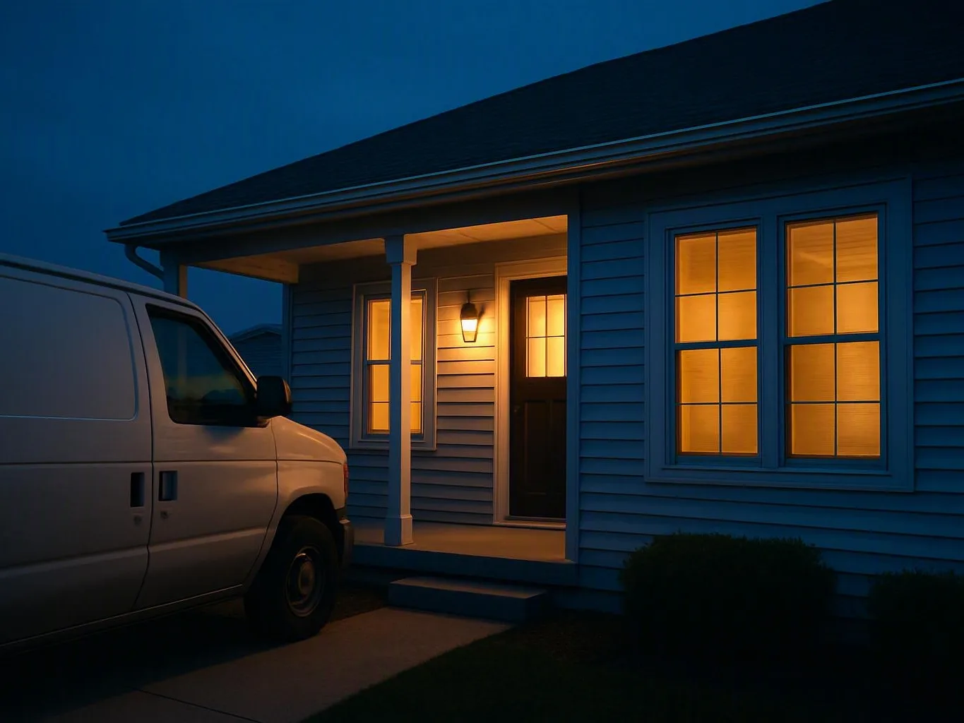White service van parked beside a suburban house porch illuminated at dusk