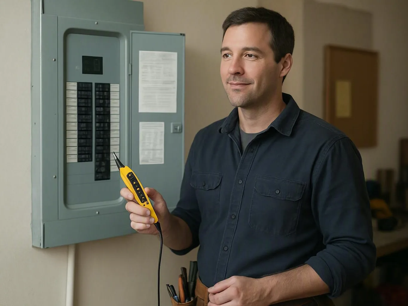 Electrician testing an open breaker panel with a yellow voltage tester