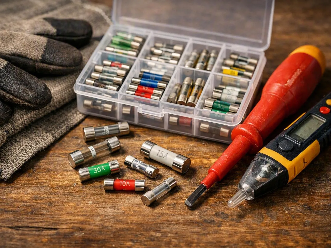 Electrical repair tools, fuses, gloves, and voltage tester arranged on a wooden