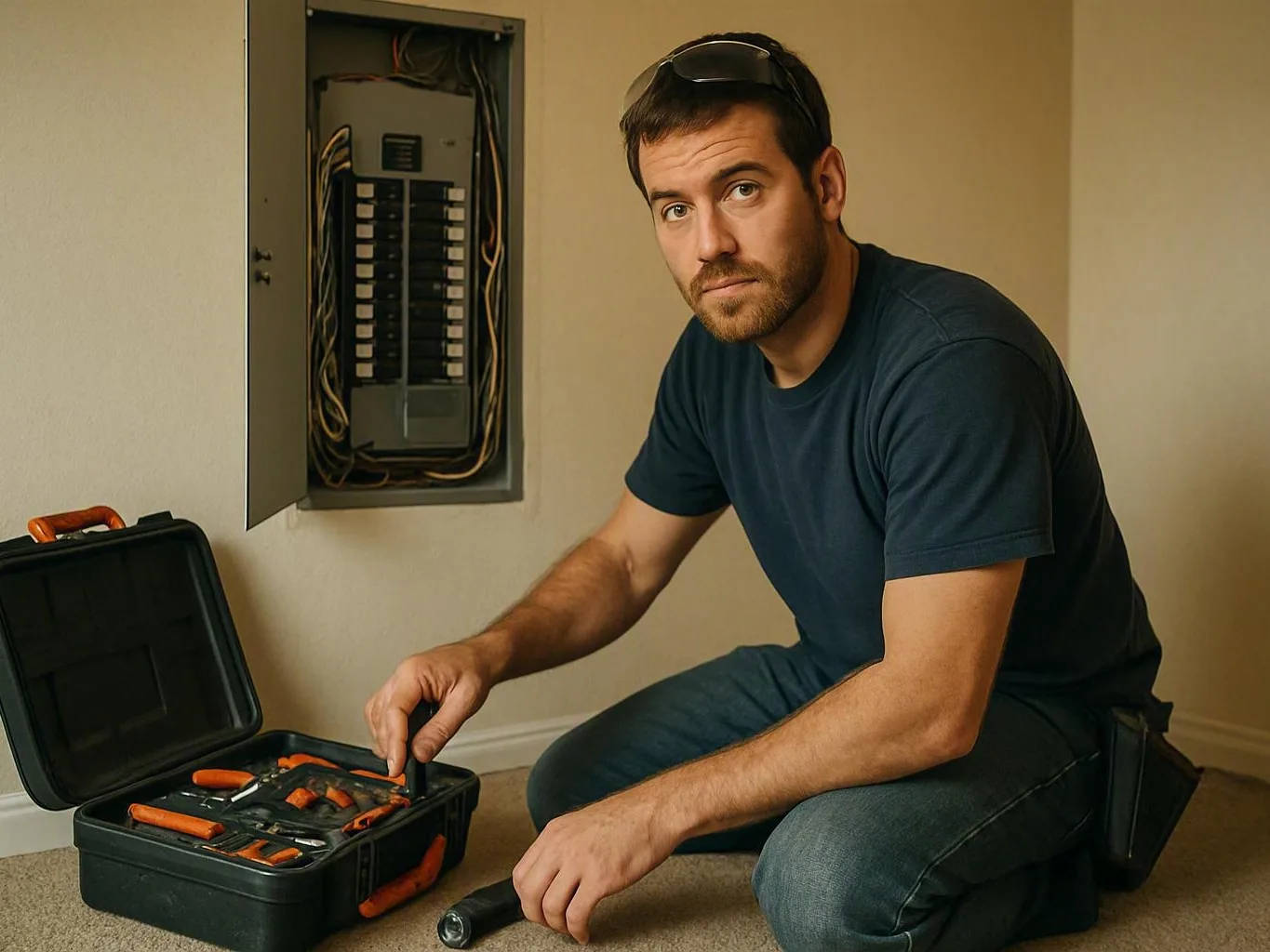 Electrician kneeling beside an open panel and hand tool case indoors