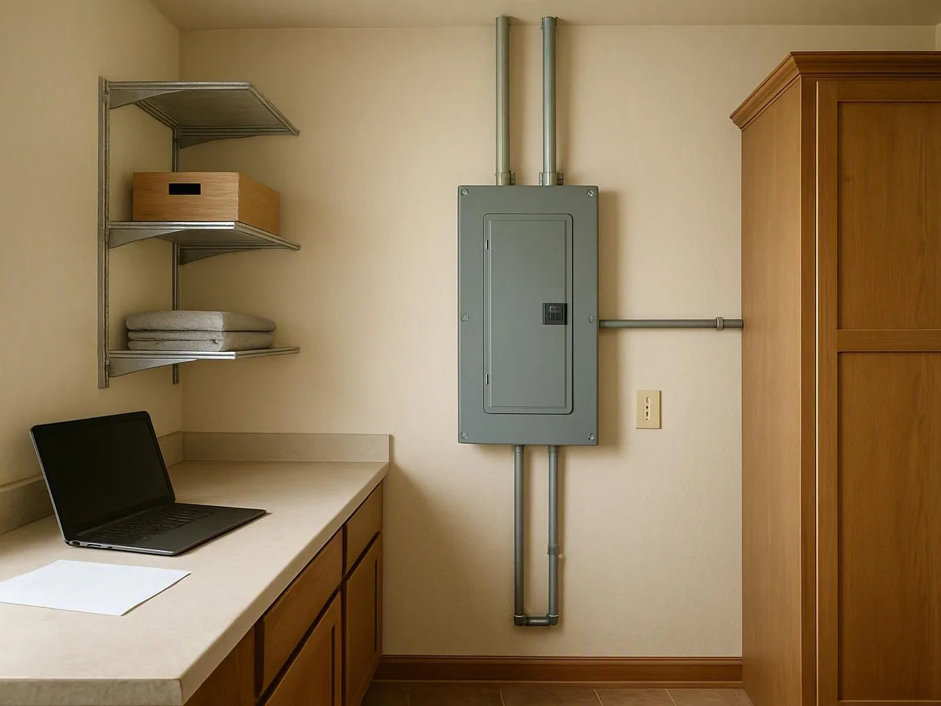 Utility room with electrical panel, laptop, storage shelves, and household