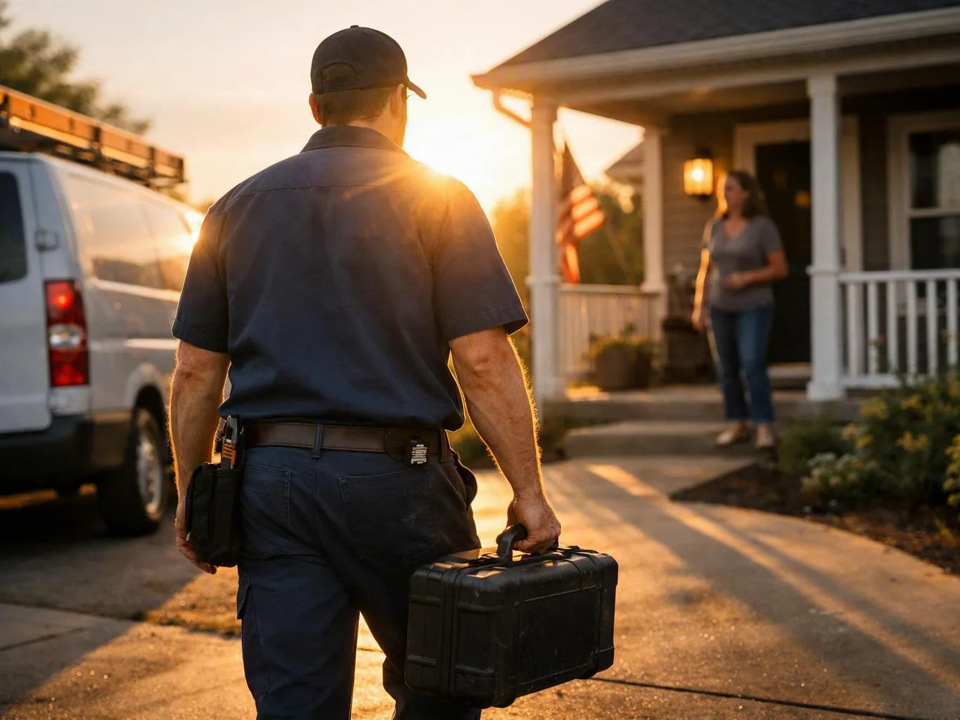 Uniformed electrical worker carrying a black case toward a woman outside a house