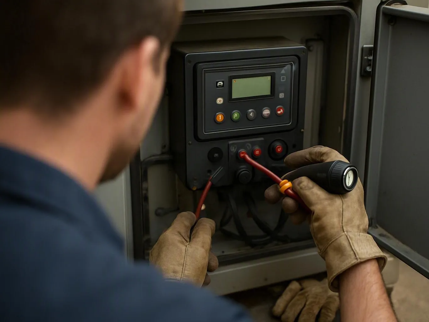 Gloved worker tests wiring inside an open metal control cabinet with a