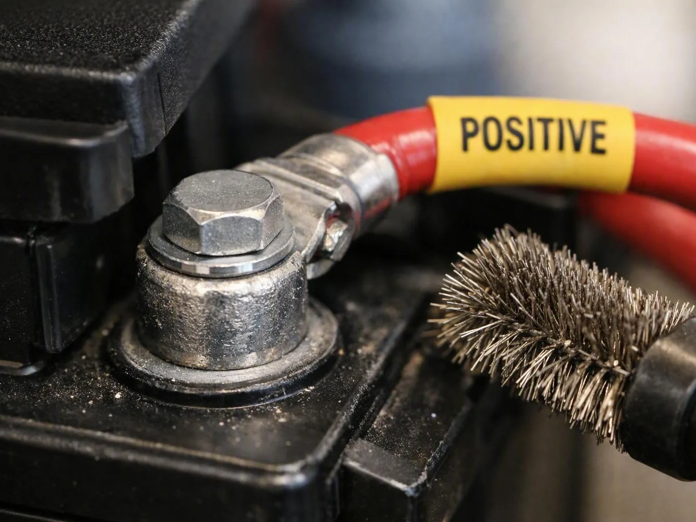 Close-up of a positive battery cable attached to a metal terminal beside a wire