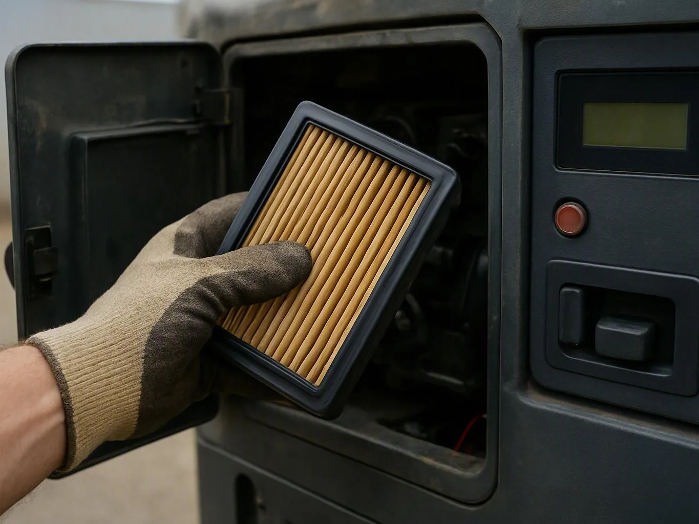 Gloved hand slides a pleated air filter into an open machine compartment