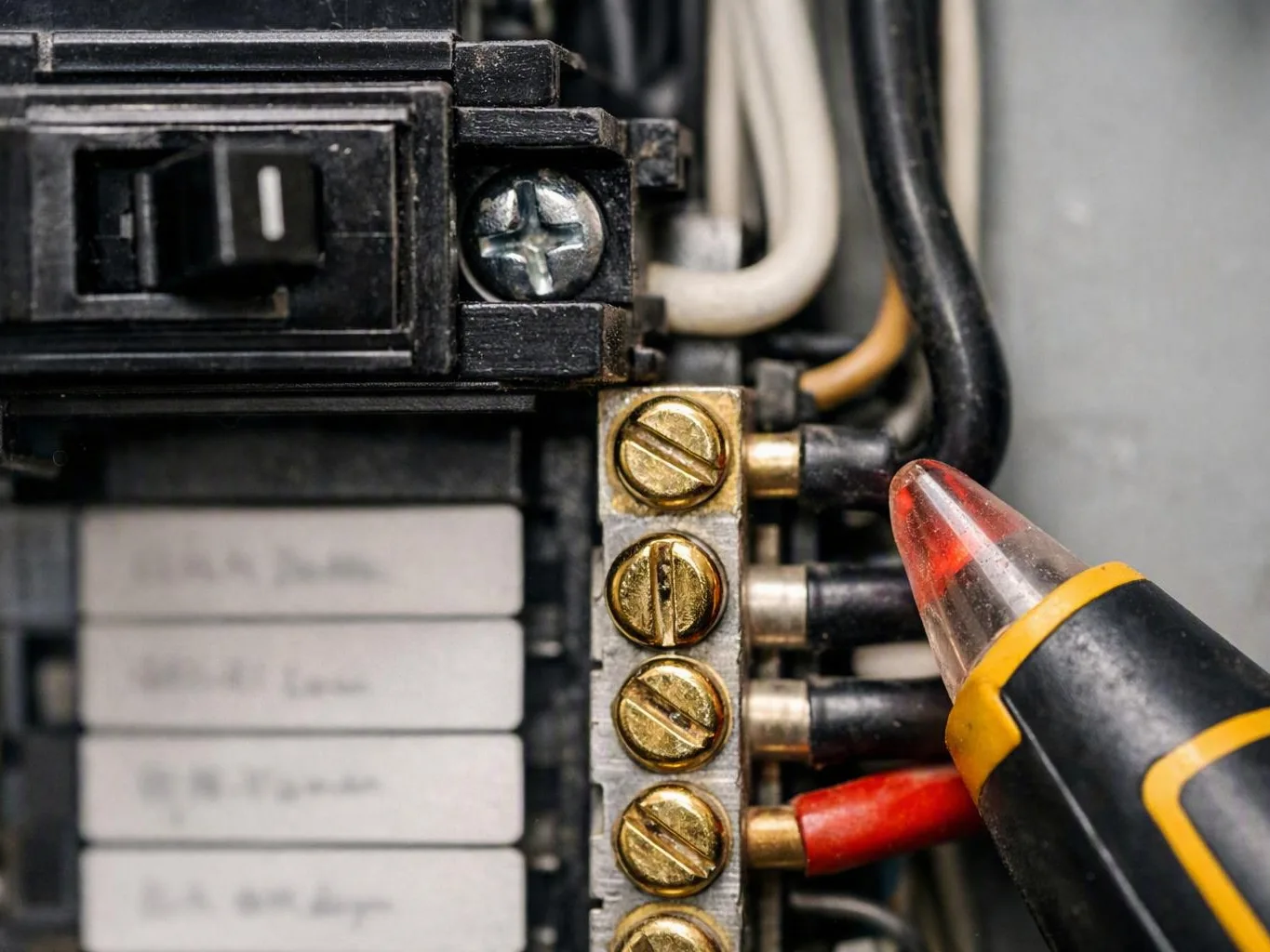 Electrician testing a breaker panel inside an older home