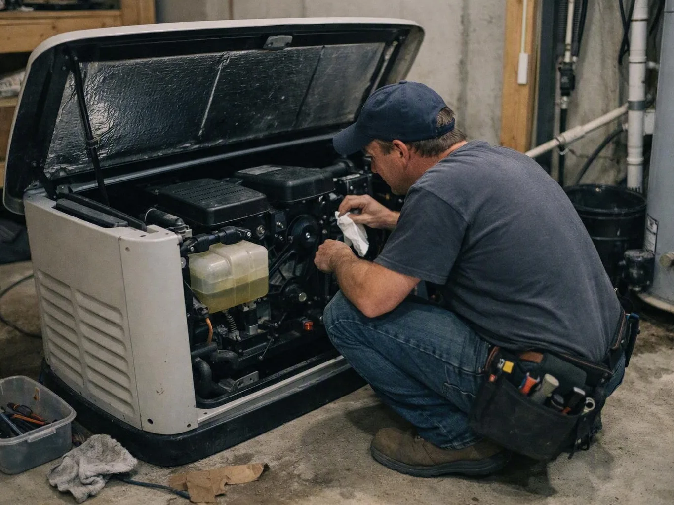 Man in a cap cleans parts inside an open generator in a concrete workshop
