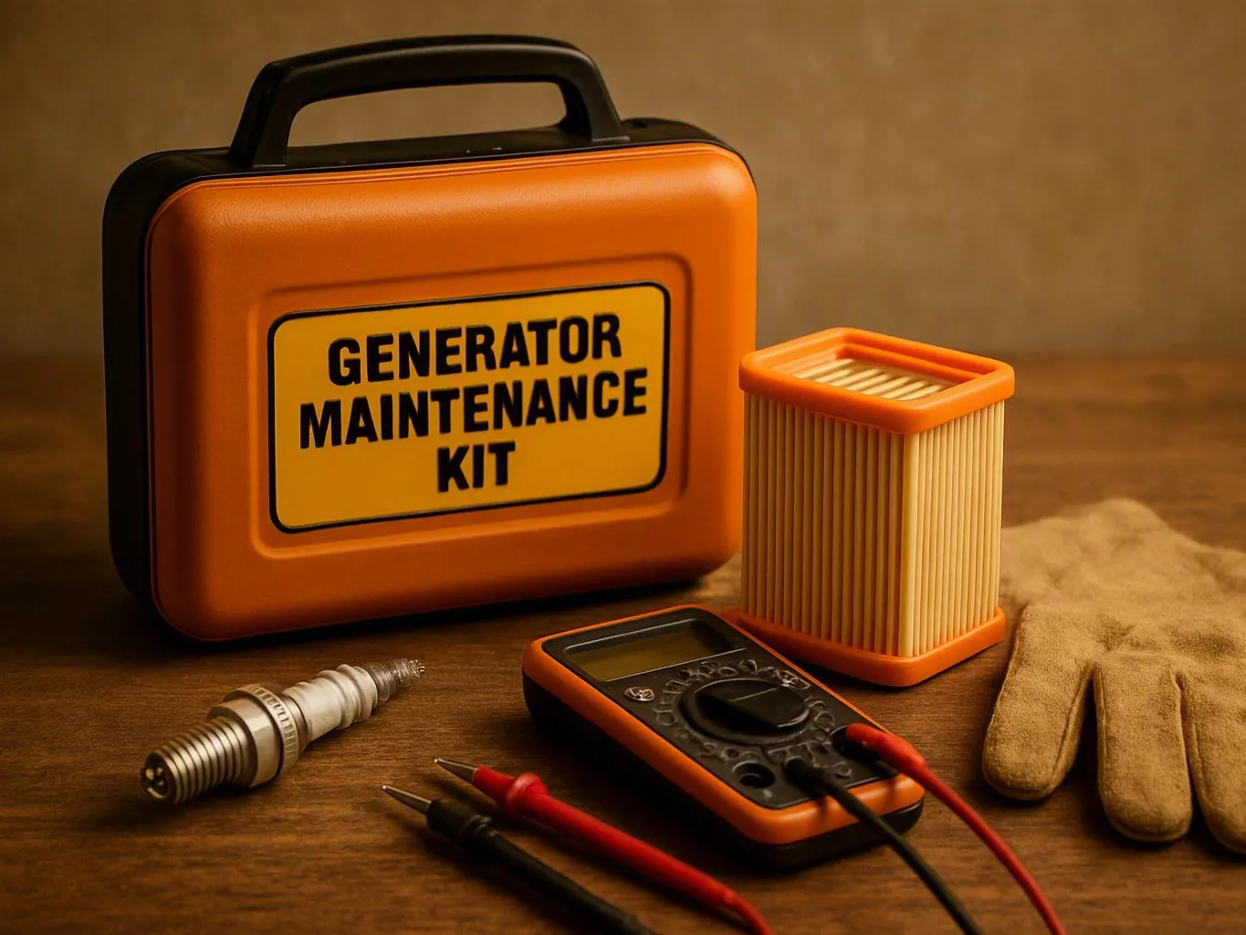 Generator maintenance kit with filter, spark plug, multimeter, test leads, and