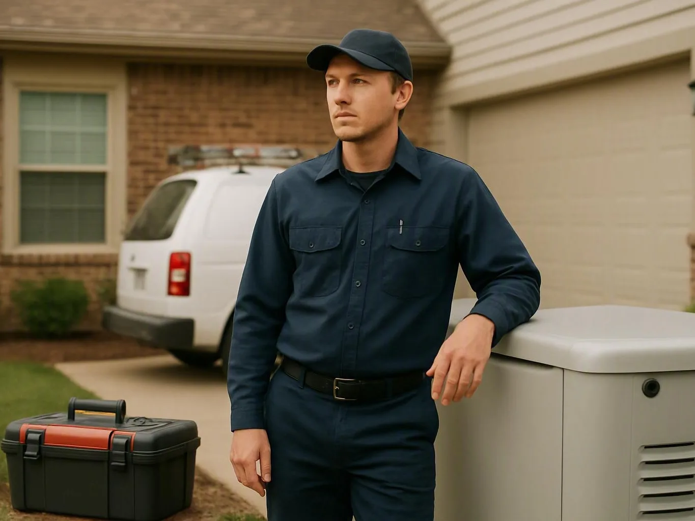 Electrician leaning beside a gray utility box and black toolbox in a suburban