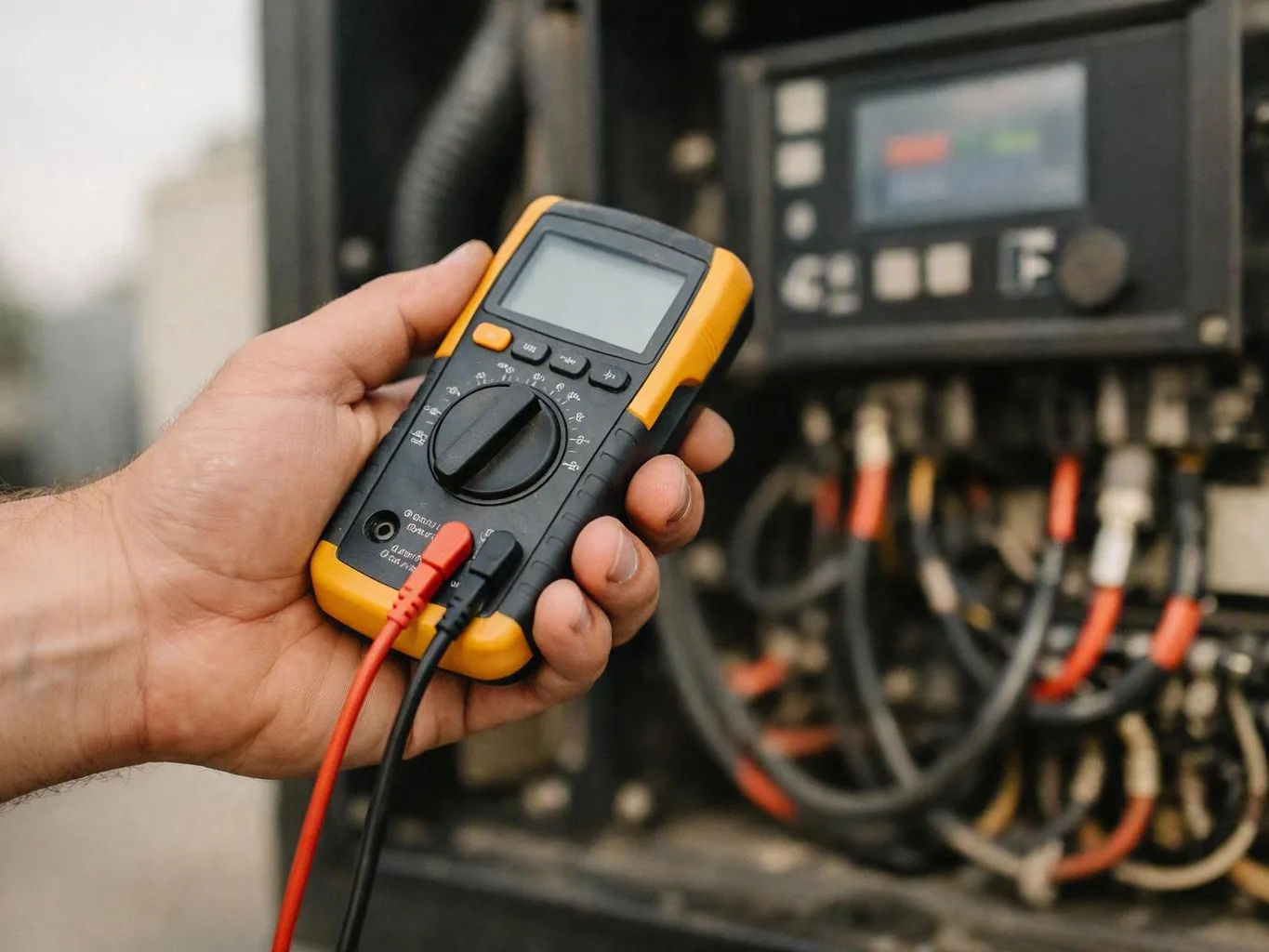 Hand holding a digital multimeter with red and black probes near electrical