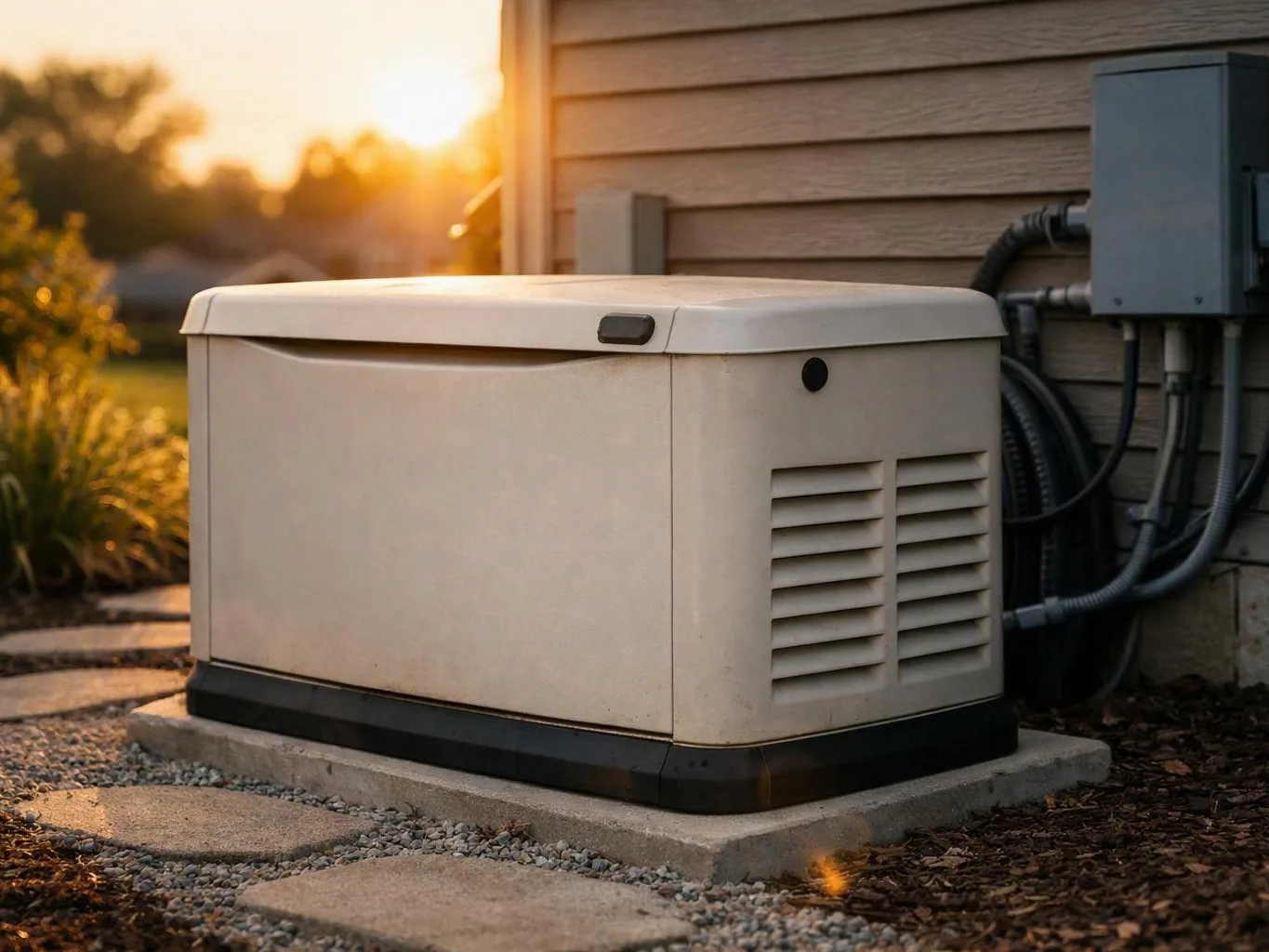 Beige home backup generator beside a house at sunset, with pipes and electrical