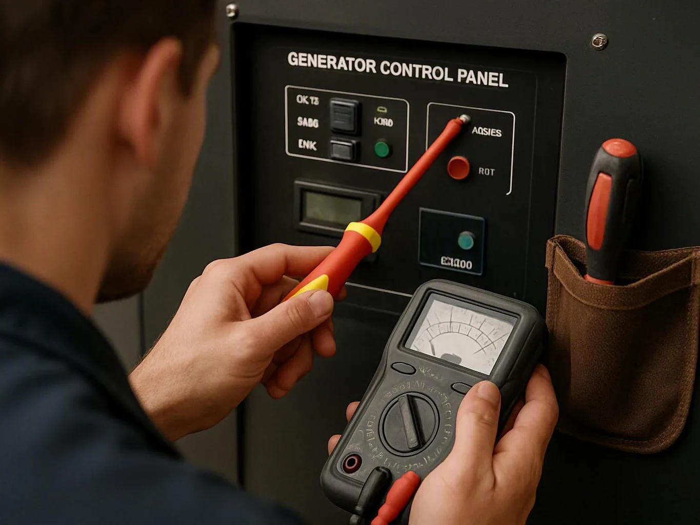 Technician checks a generator control panel with a screwdriver and multimeter