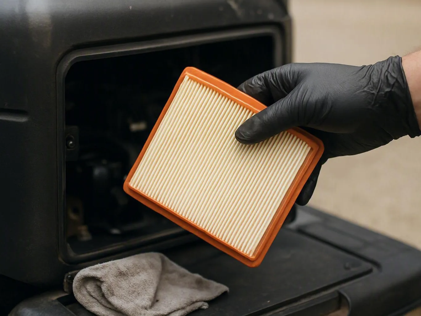Gloved hand holds a pleated air filter before an open black machine compartment