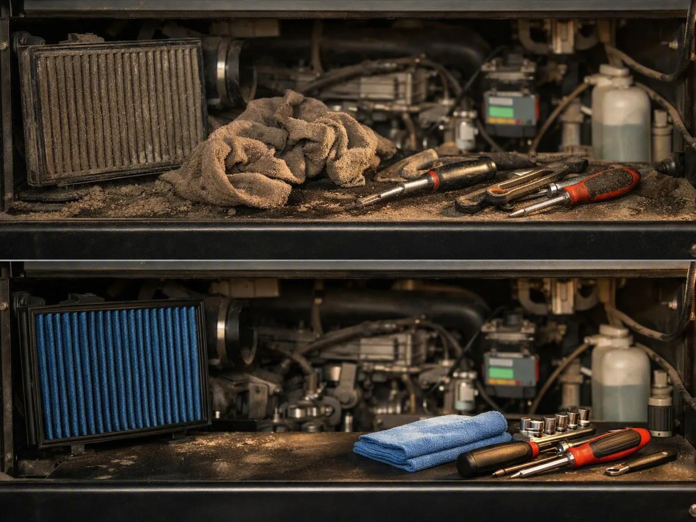 Split image shows a dusty engine compartment before and after cleaning with