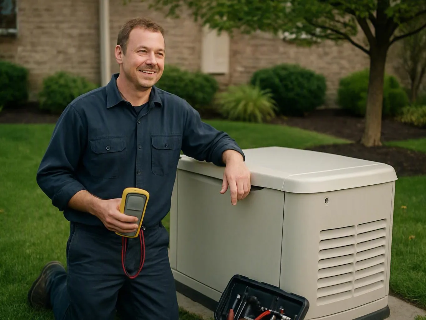 Smiling technician kneeling beside an outdoor generator while holding a yellow