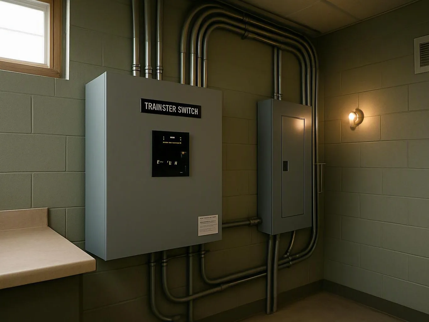 Gray electrical panels and conduit pipes arranged inside a small utility room