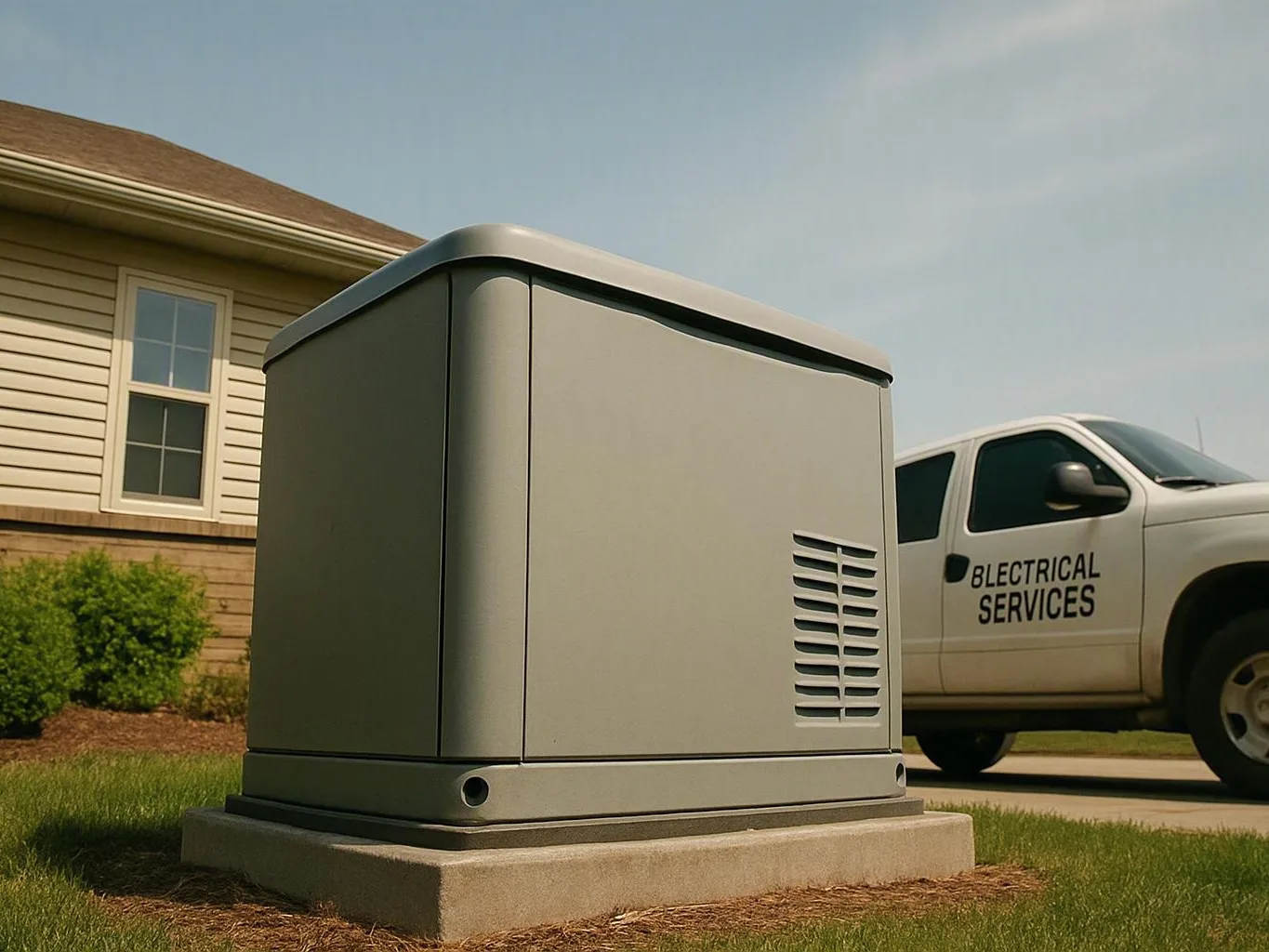 Outdoor generator on a concrete pad beside a house and electrical service truck