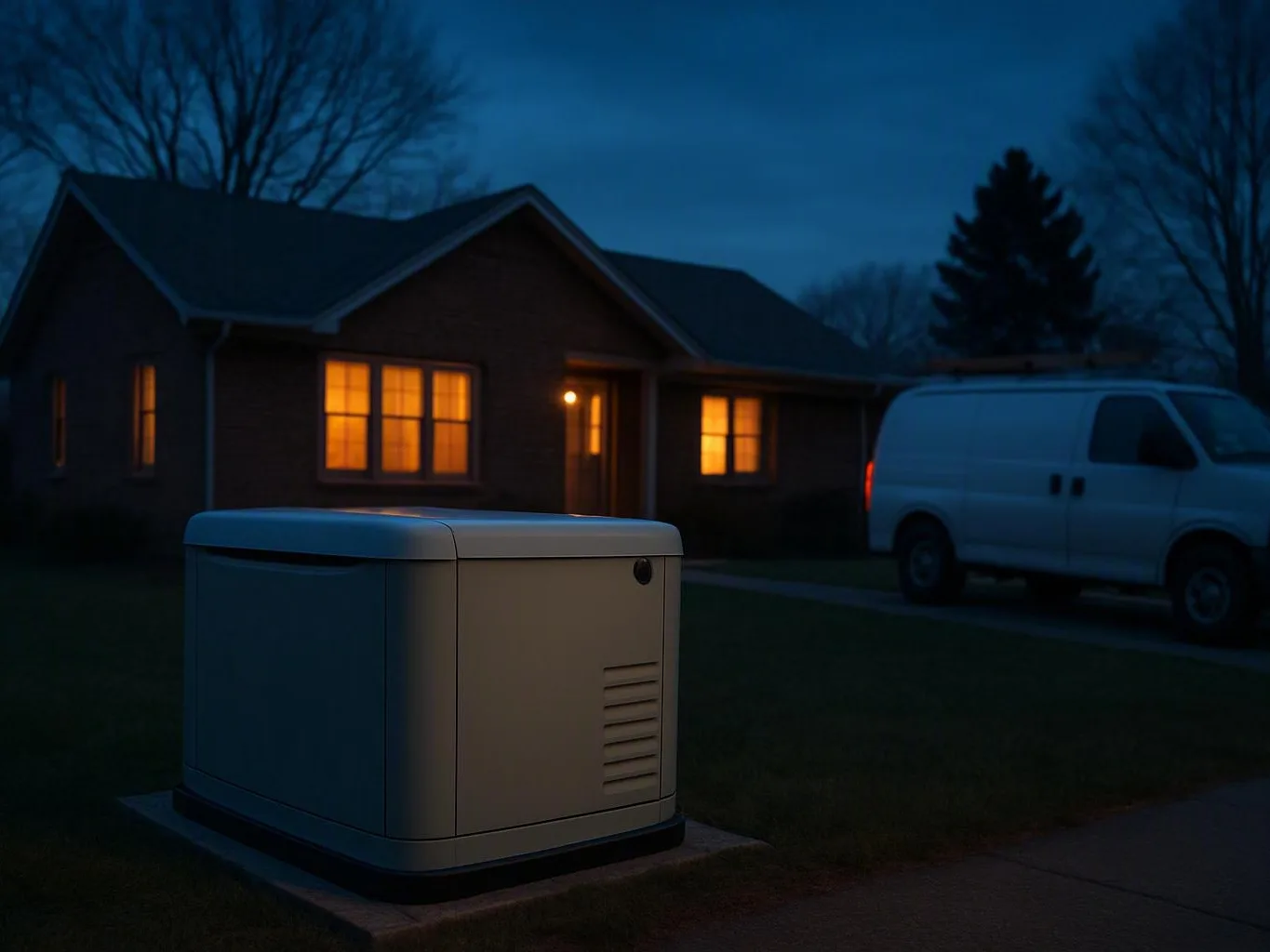Backyard generator on a concrete pad outside a lit house with a white van at