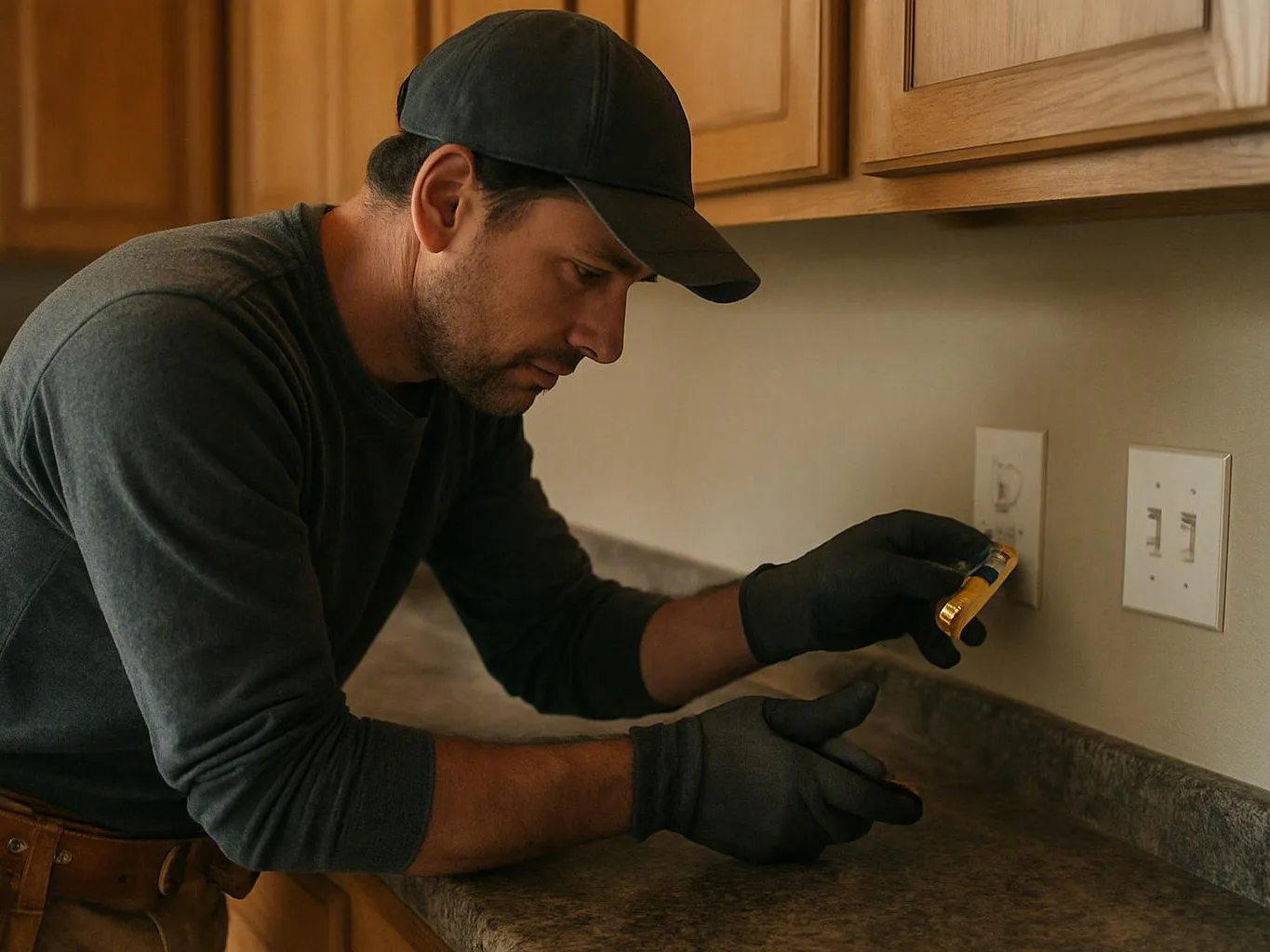 Electrician checking outdoor wiring after a storm in Harlan