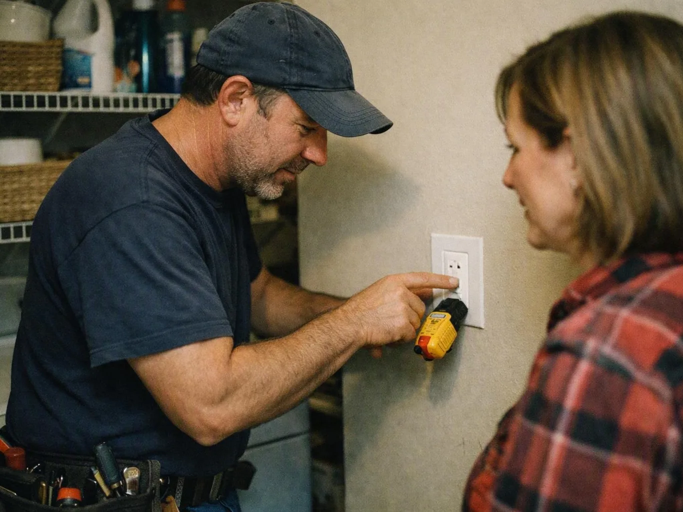 Man tests a wall outlet with a yellow meter while a woman watches in a workshop