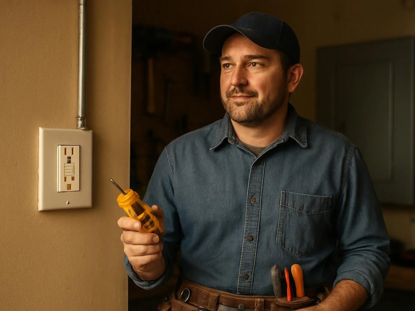 Man in a cap checks an electrical outlet with a yellow screwdriver in a dim room