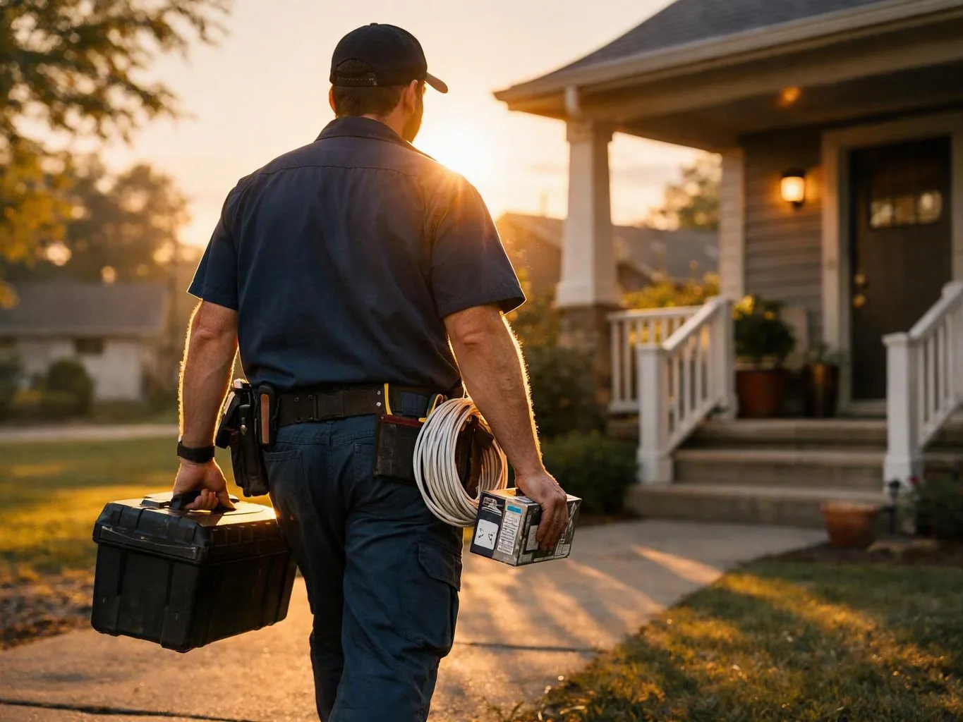 Utility worker carries a toolbox and coiled cable toward a suburban house at