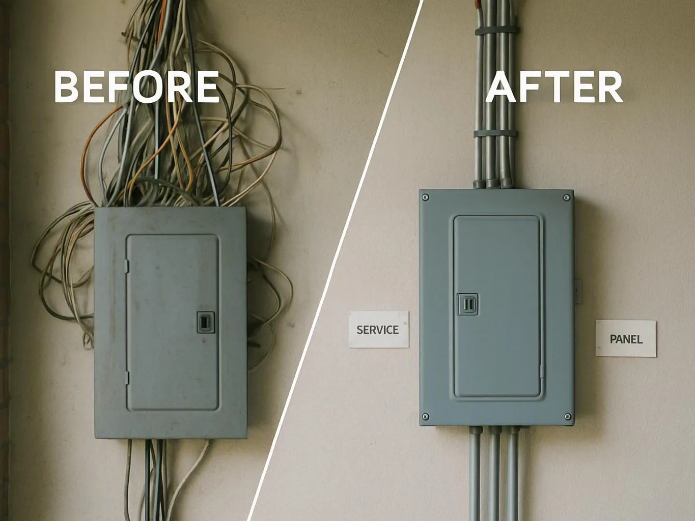 Split view contrasts tangled electrical panel wiring with a neat, organized