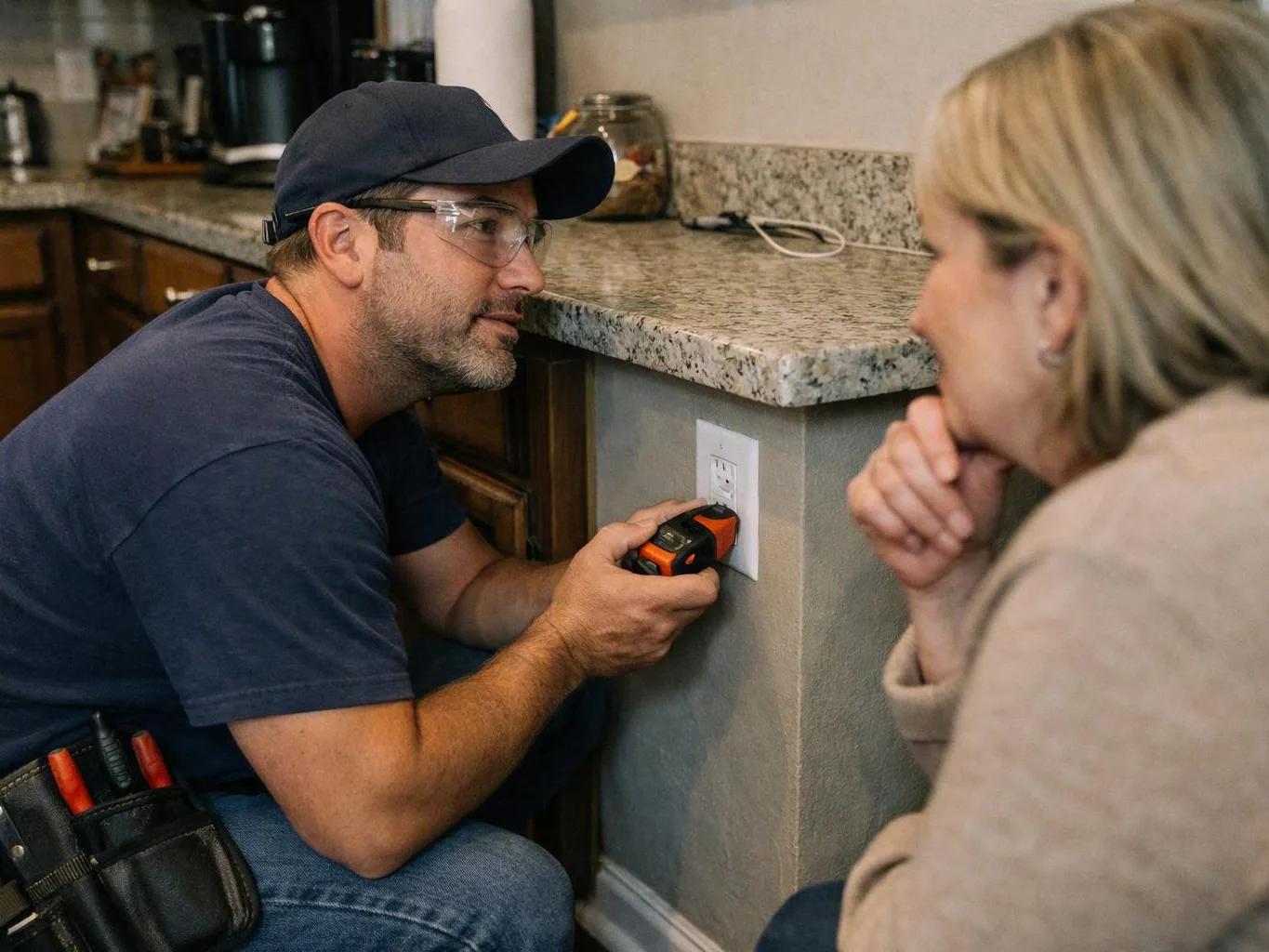 Technician measures a kitchen outlet while a woman watches nearby