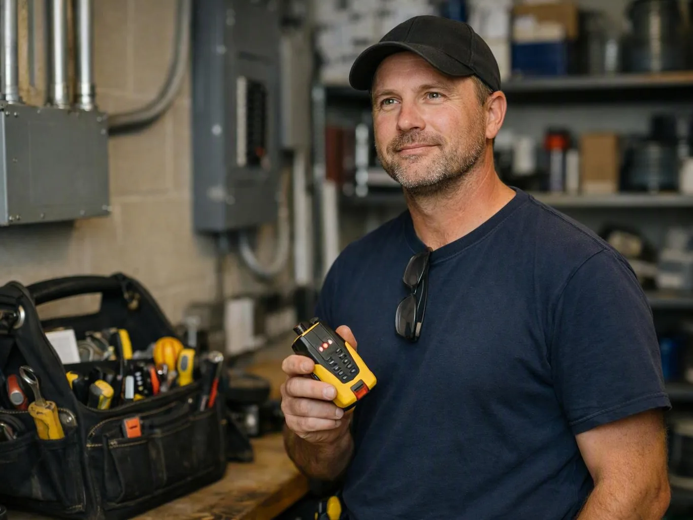 Technician holds a yellow electrical tester beside a tool bag on a workbench