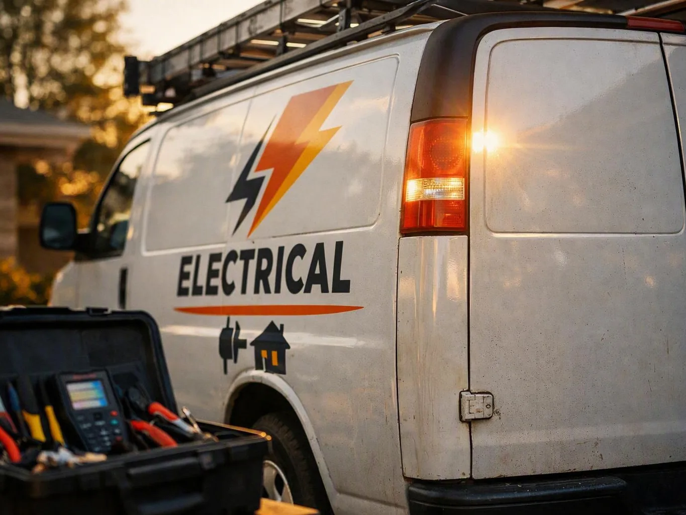 White electrical service van parked outdoors beside an open tool case