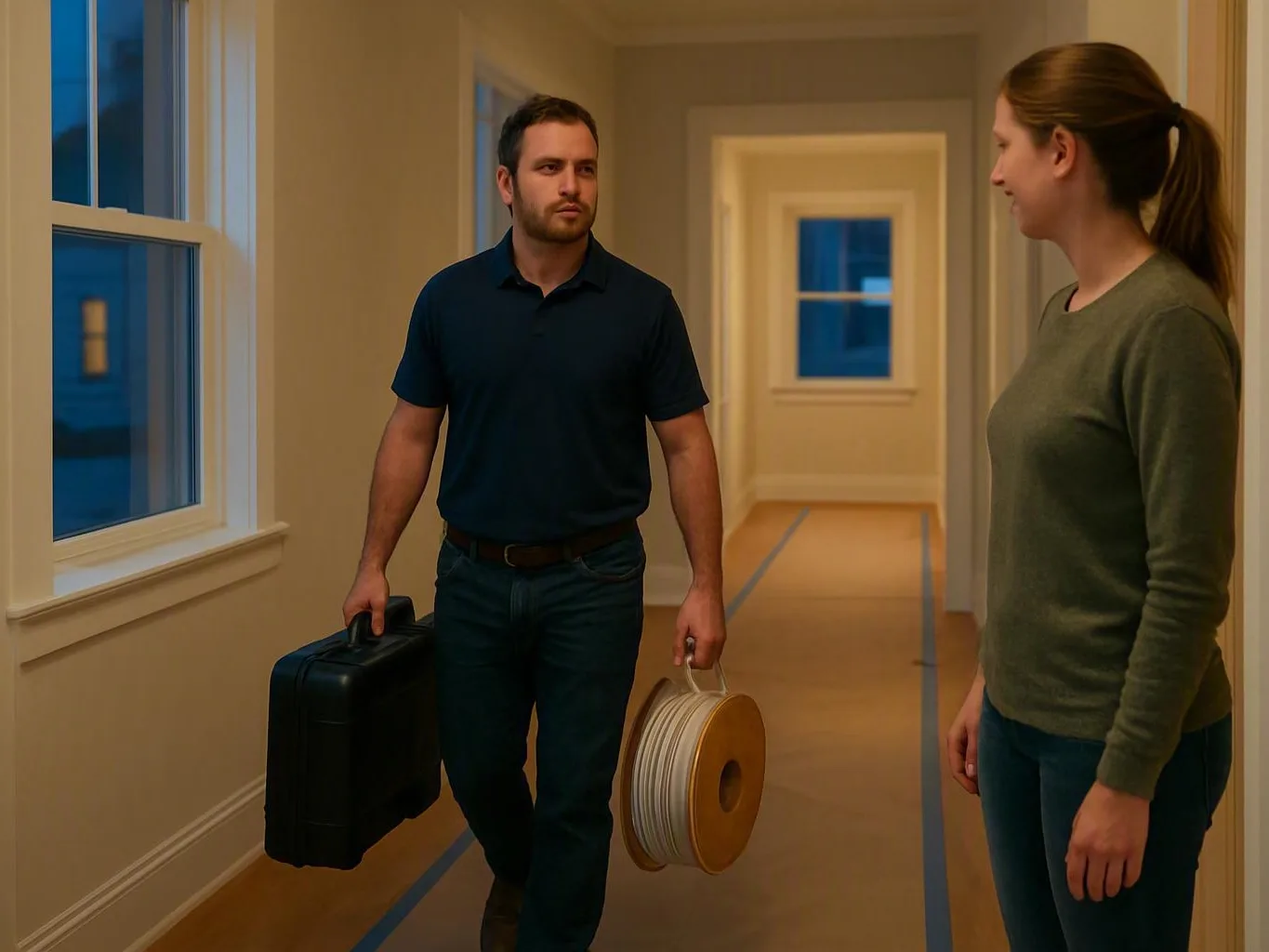 Electrician carrying a suitcase and cable spool down a hallway as a woman