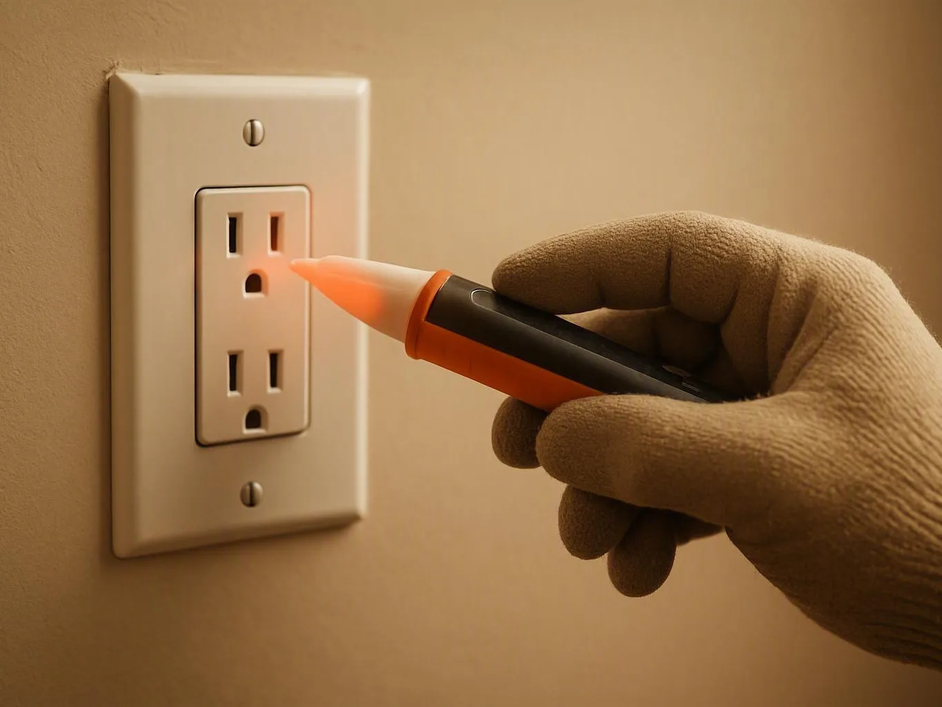 Gloved hand tests a beige wall outlet with a voltage tester