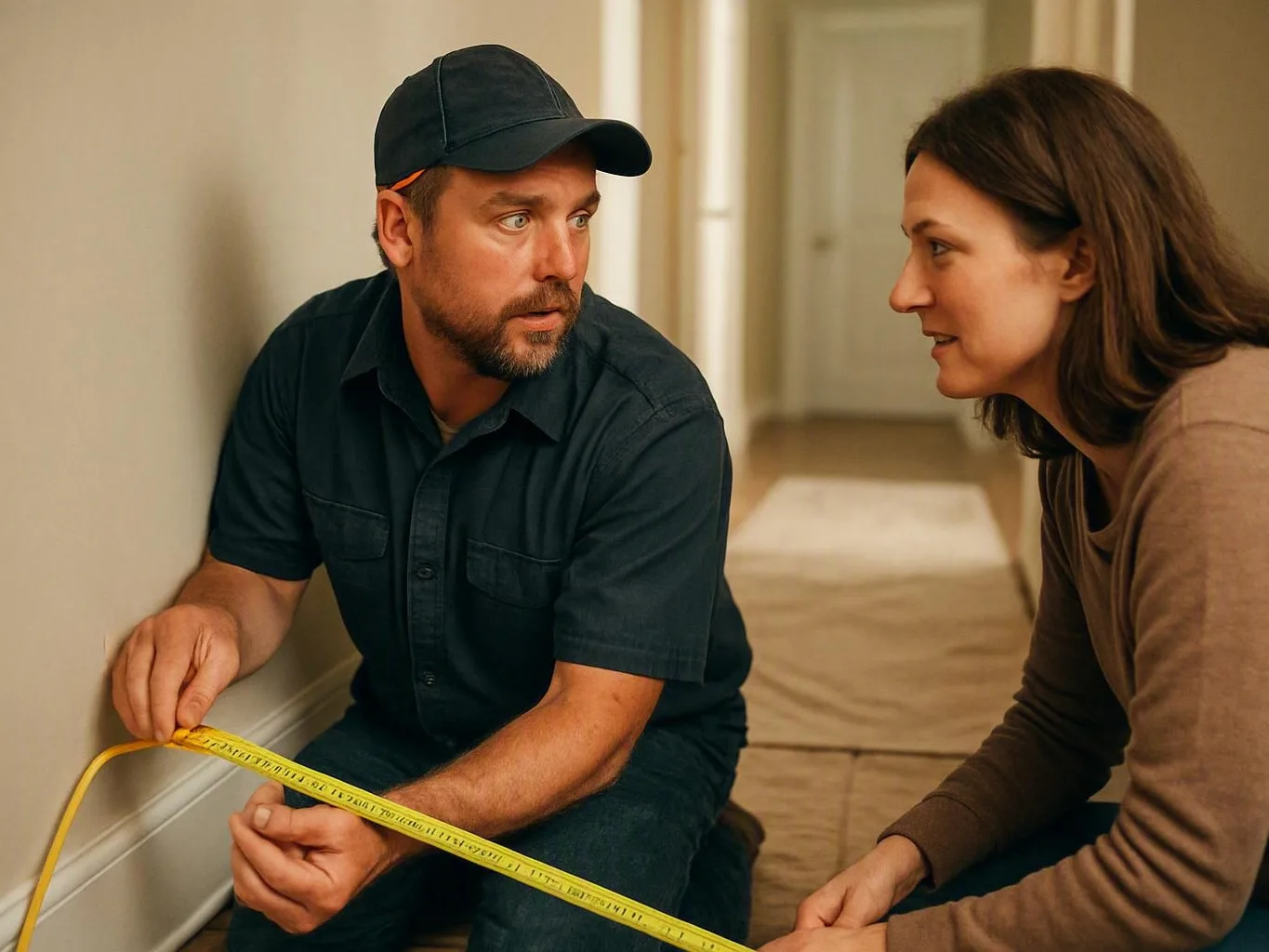 Technician measures a hallway wall while discussing electrical work with a