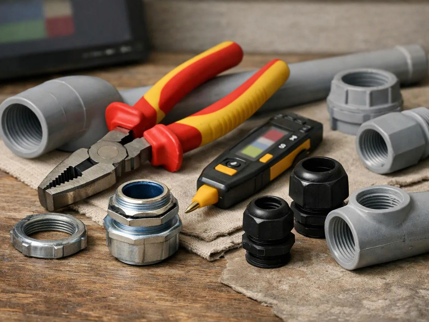 Pliers, a voltage tester, and several plastic and metal pipe fittings are arranged on a wooden workbench