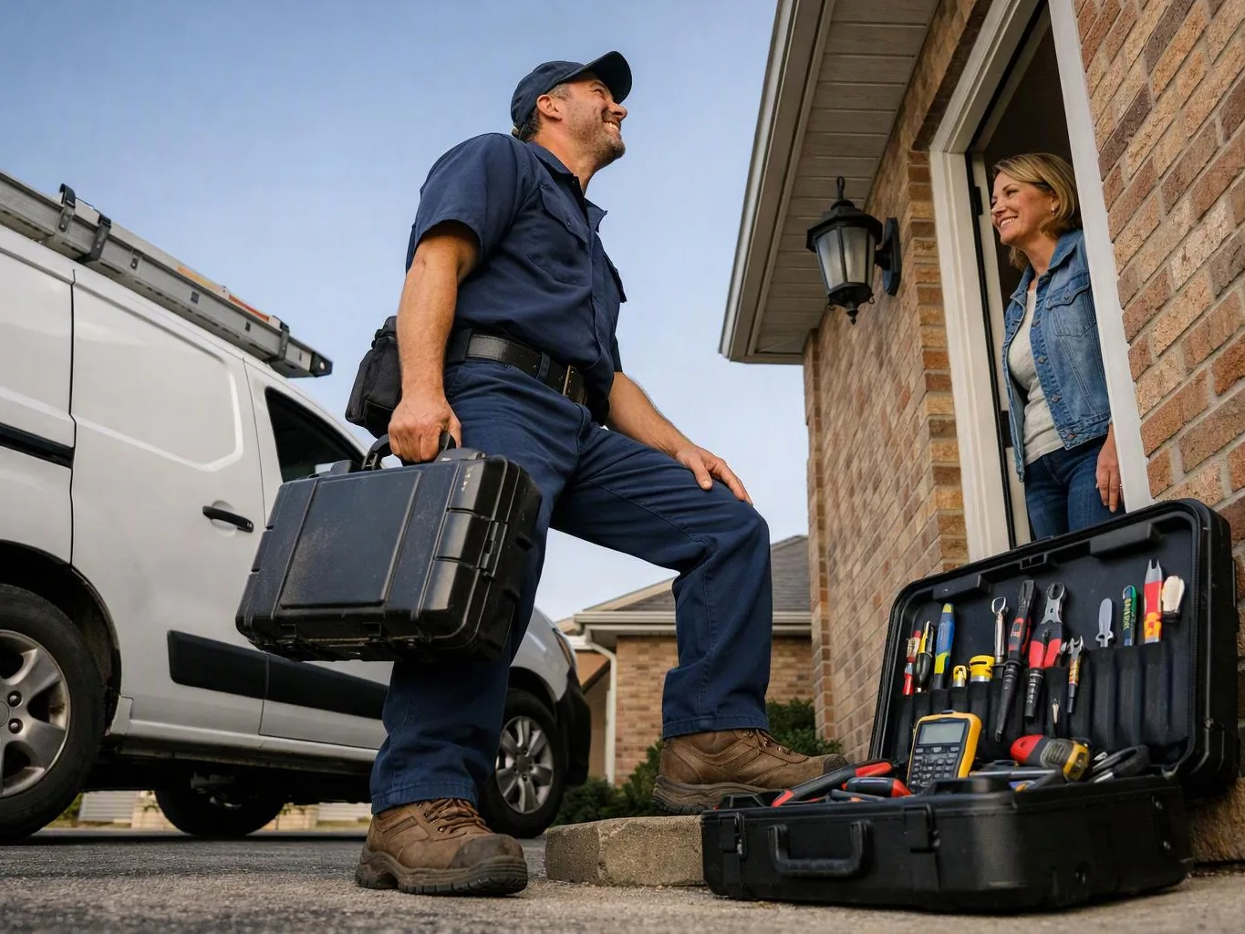 A repairman stands at a brick house doorway