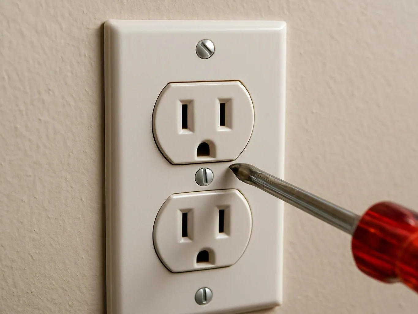 A screwdriver points at a wall outlet plate with two sockets on a beige wall