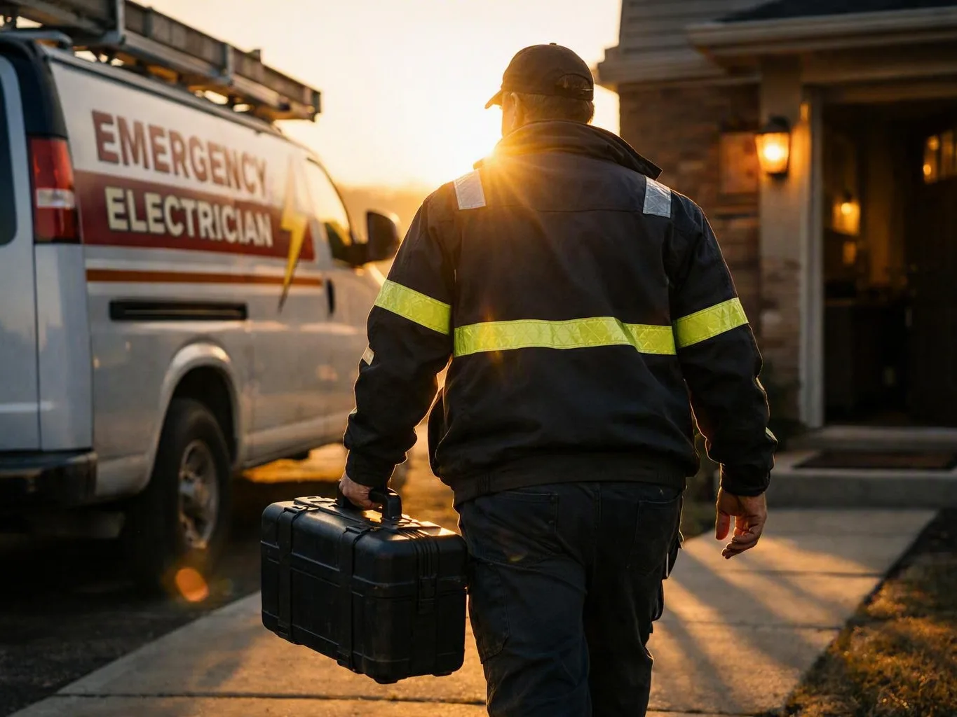 Worker carrying a toolbox beside an emergency electrician van at sunset