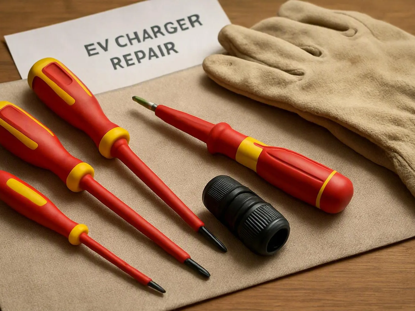 Screwdrivers, connector, and work gloves beside an electric vehicle charger